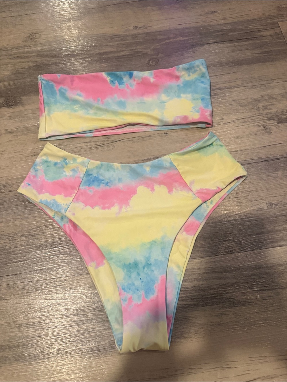 Kids Tie-Dye Bandeau Bikini Set - Pastel Pink, Yellow & Blue